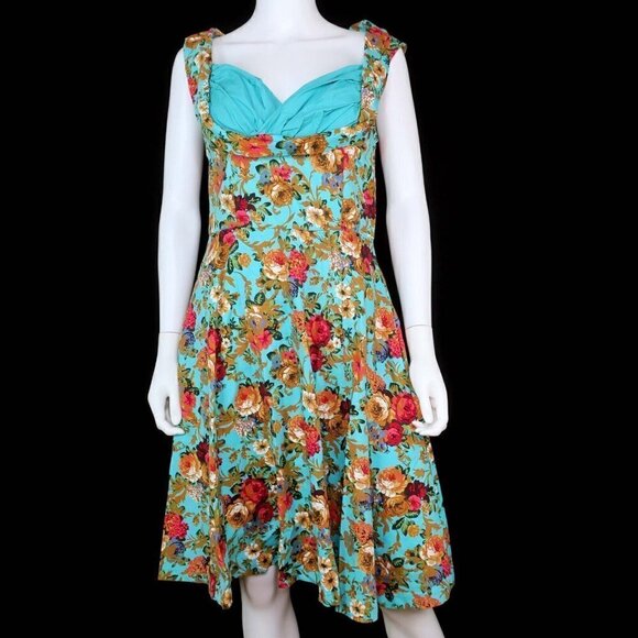 Lindy Bop Ophelia Retro Pin Up Turquoise Floral Fit and Flare Swing Dress Medium - Picture 3 of 9
